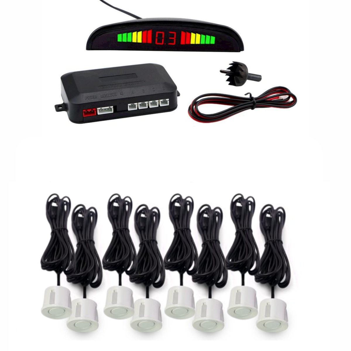 Cartronix parkeersensoren set 8 sensoren Wit voor auto camper bestelwagen