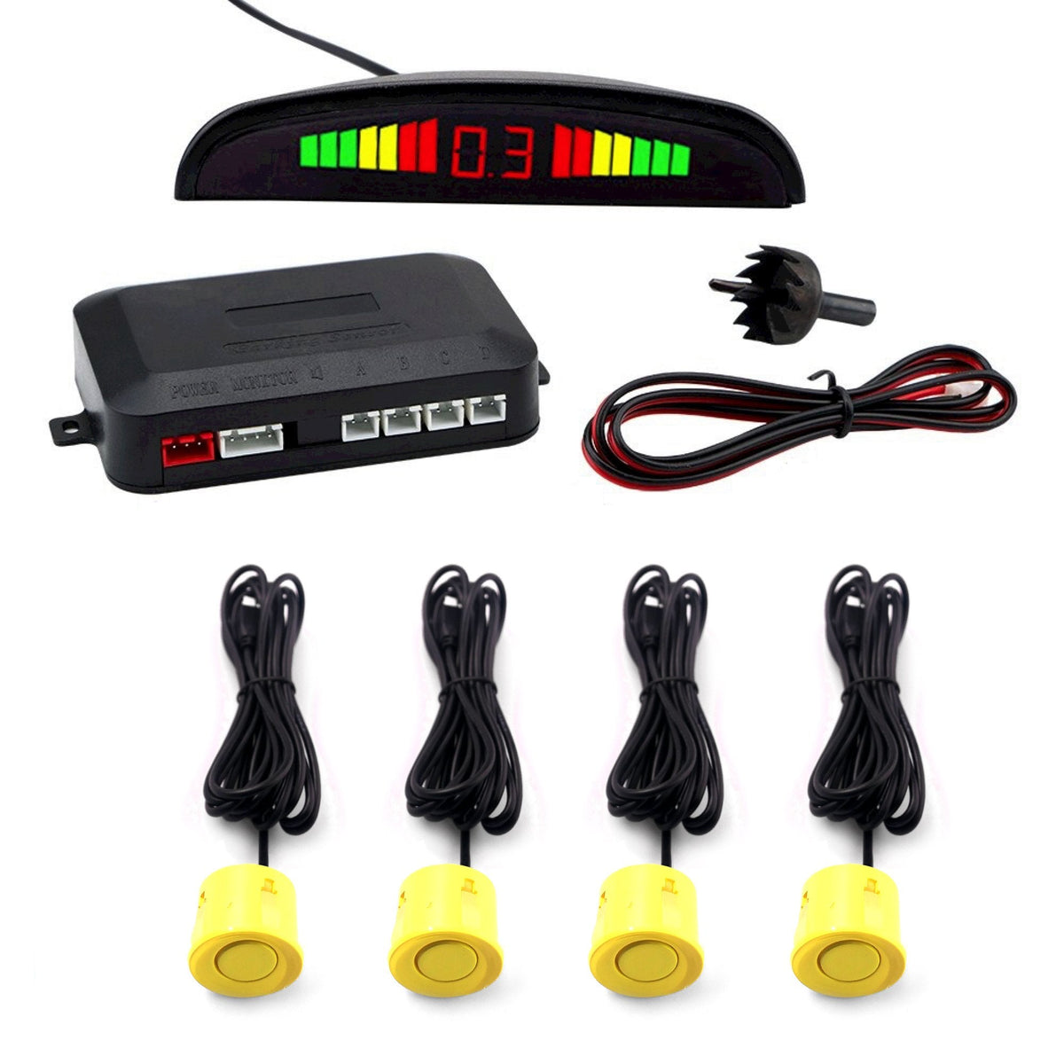 Cartronix parkeersensoren set 4 sensoren Kanarie Geel voor auto camper bestelwagen